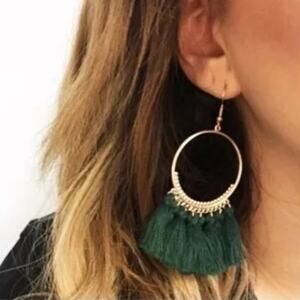 Francesca's Boho Emerald Green Hoop Tassel Earrings